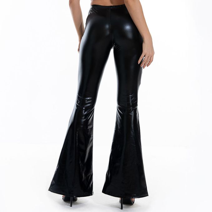 Fashion (Silver) PU Leather Metallic Pants Shiny Holographic Flare Pants  Women Girls Bodycon Elastic Waist Bell Bottom Trousers Clubwear DOU @ Best  Price Online