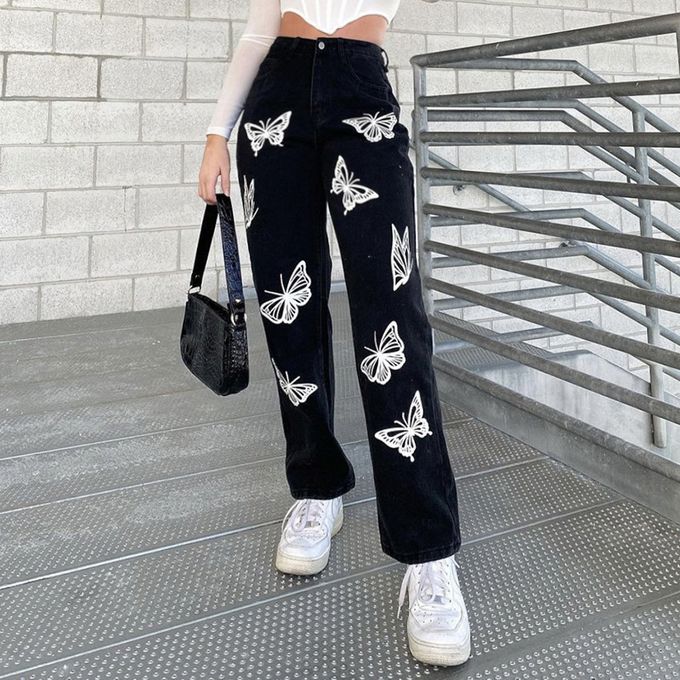 Fashion (A)Black Baggy Jeans Women Butterfly Print Aesthetic Denim