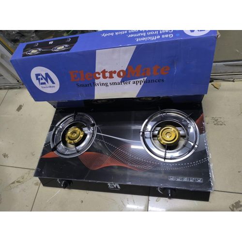 ElectroMate 2-Burner Tempered Glass Gas Stove – Complete Set (Includes 6KG Regulator, Hose Pipe & 2 Clips)