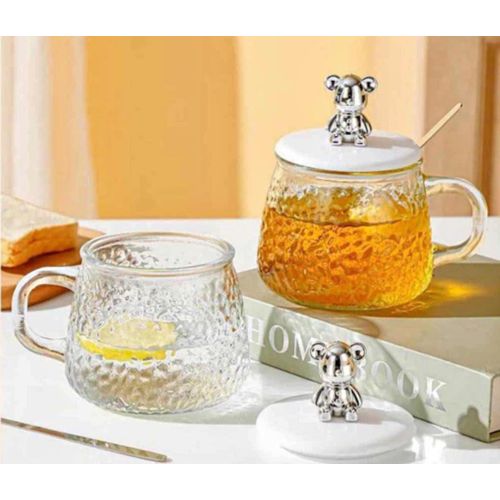 Textured Glass Mug with Lid & Spoon – Elegant Tea/Coffee Cup
