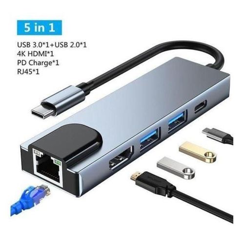 Type-C to HDTV 5-in-1 Adapter – Multiport USB-C Hub with HDMI, USB 3.0, SD/TF Card Reader, Power Delivery Charging, Compact Converter for Laptop & MacBook