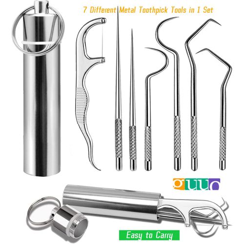 7Pcs 1 Set Portable Stainless Steel Toothpicks Pocket Set Reusable Metal Toothpicks Cleaning Kit with Holder for Outdoor Picnic Camping Travel