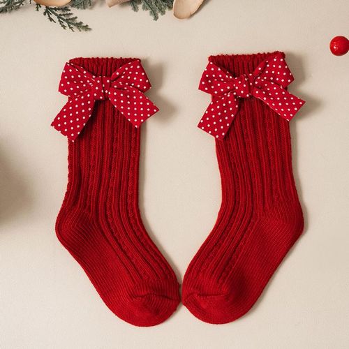 Baby Girls Red Big Bow Christmas Socks Kids Children Cotton Solid Woolen Sock Leg Warmers Girl Toddler Soft Socken For 0-5Years3-5 Years L