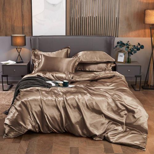 Luxury Mulberry silk Duvet Cover Set 4 Piece Bedding Set 1 Duvet Cover 2 Pillowcases 1 Bedsheet Soft Durable Elegant Champagne gold Finish