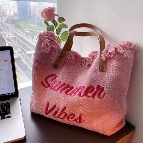 Summer Vibes" Ombre Sunset Fringed Tote Bag