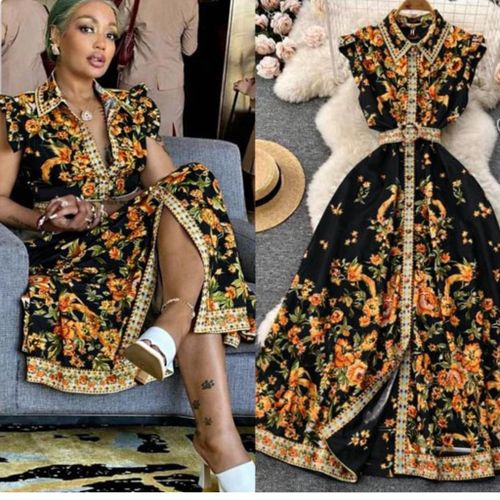 Women’s Maxi Elegant Dress – Stylish, Comfortable & Perfect for All Occasions with Belt- Black/Floral