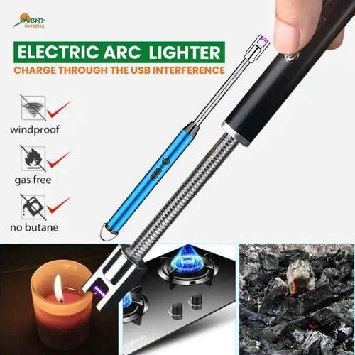 Rechargeable USB Electric Lighter with LED Battery Display – Windproof Flameless Long Neck