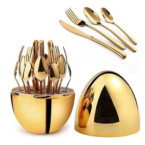 36-Piece Stainless Steel Cutlery Set with Luxury Egg-Shaped Storage Capsule Case - Executive Dinner Knives, Dinner Forks, Table Spoons, and Teaspoons Service for 9