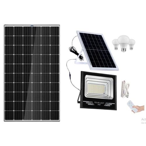 250 W solar panel Monocrystalline All Weather solar panel + Free 50 W solar floodlight +3 DC Bulb+ Extension