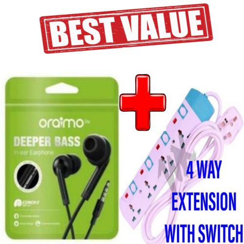 Strong bass earphone, Pure Bass-Earphones + Rubber Buds + 4 way power extension with switch