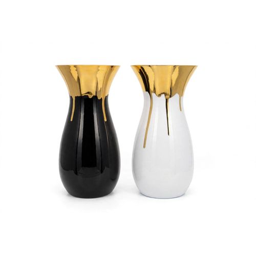 Set of 2 Black & White Gold Drip Vases 45CM - Luxury Ceramic Pear Shape Vases - Flared Gold Top with Melting Drip Design - Modern Decorative Vase Pair for Console, Dining Table, Entrance, Living Room