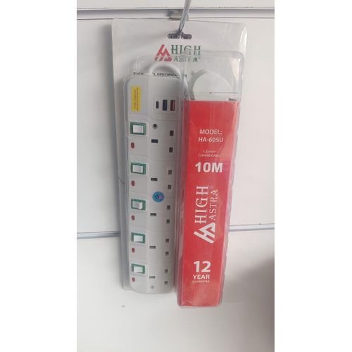 5 Way Heavy Duty Power Extension Socket with 10m Cable USB Charging Ports and Surge Protector