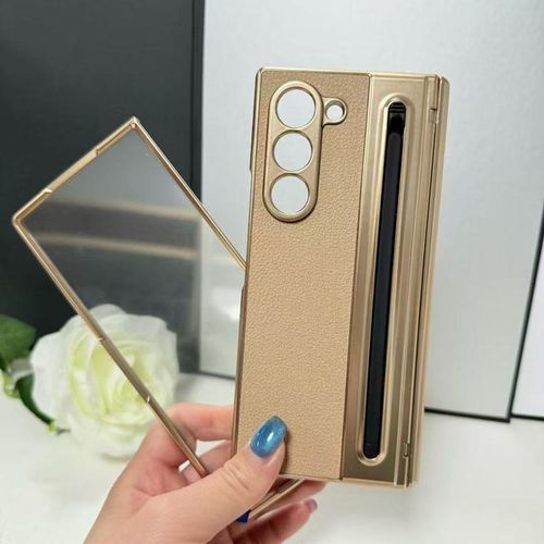 Z Fold 5 - Built-in S Pen Holder Screen Protectorfront glass Slim Shockproof Soft Leather Electroplating with Hinge Protection Cover Case