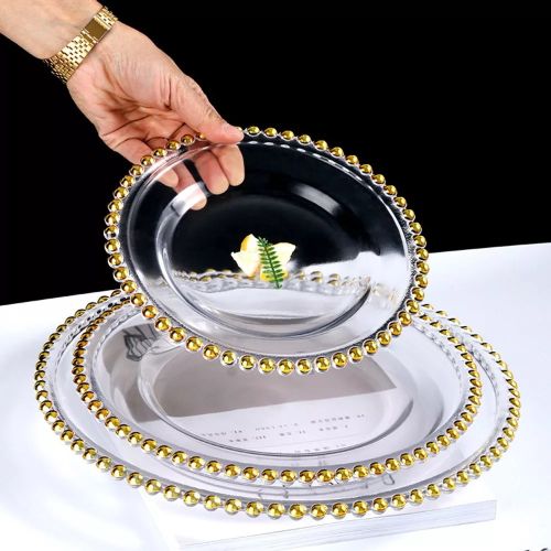 3pcs 13inch Gold Beaded Clear Glass Charger Plates
