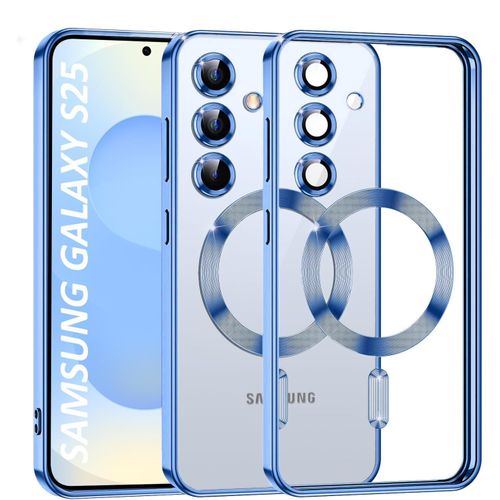 Transparent Case for Samsung Galaxy S25 5G, Magnetic Plating Electroplate TPU Cover, Individual Camera Protection for Each Lens - Blue