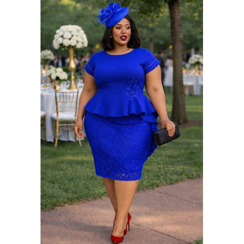 Elegant Semi Turkey Blue Heavy Laced Peplum Dress