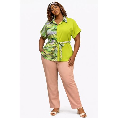 Green Waist Belt Fitted Top Short Sleeve Blouse