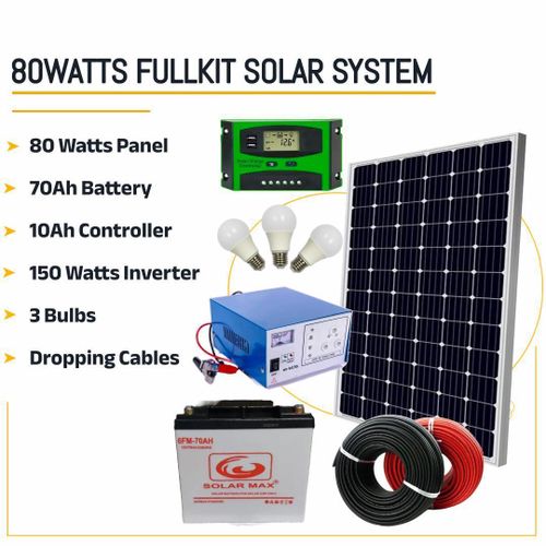 80 Watts Solar Panel Special All Weather Fullkit + 70AH Battery + 150Watts Solar Inverter + 10 Ah Charge Controller+3 bulbs + dropping cables