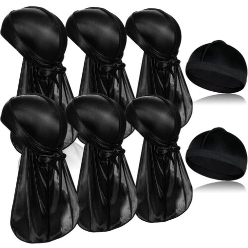 6 Pieces Silky Durags with Long Tail and 2 Pieces Satin Wave Cap, Do rags for Men 360 Waves