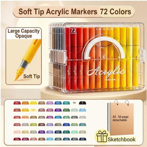 Washable Soft Tip Markers Set Large Capacity Non-Toxic Art Pens for Kids & Students Portable Clear Case with Handle Includes Free A5 Sketchbook Ideal for Drawing, Doodling & School Crafts