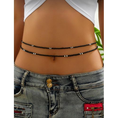 Black Beaded Double Layer Waist Chain with Rice Beads – Elegant Body Jewelry