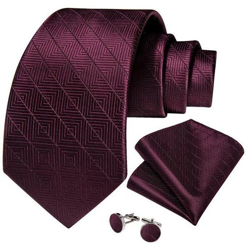 Mens Tie Wine Red Plaid Necktie With Cufflinks And Pocket Square