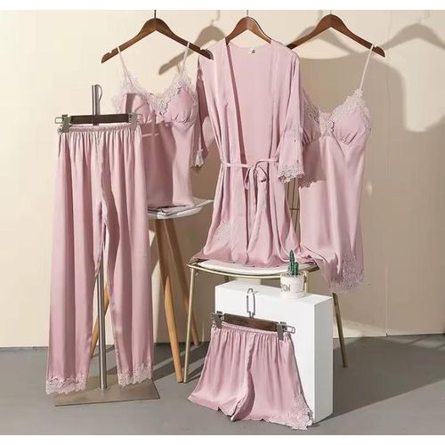 Luxury Ladies Blush Lace Pink 5 Piece Satin & Lace Lingerie Set: Robe/Mini Nightdress/Shorts, Cami & Pants