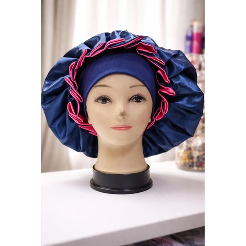 Extra Large Satin Hair Bonnet Navy Blue with Pink Trim XL Size