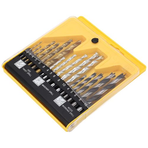 Comprehensive 16-piece drill bit set , 3 in 1 set with a case- 6 HSS Twist bits , 5 Masonry bits and 5 Woodworking bits - for Wood, Metal, Plastic, Concrete, Masonry
