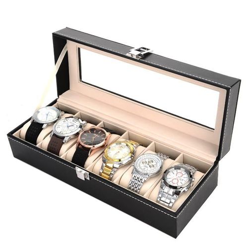 6 Slots Watch Organizer Storage Box Elegant Display Case with Clear Lid Soft Cushion Compartments for Men and Women Watch Collection Dust Proof Stylish Home and Travel Storage Solution