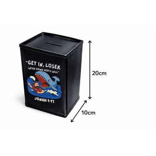 Christian Youth Piggy Bank Funny Jonah Whale Faith Coin Box Get In Loser Doing Gods Will Black Savings Tin