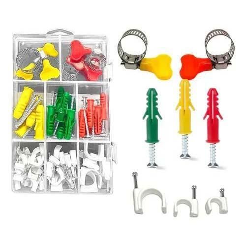 All-in-One Wall Anchors Screws Hose Clamps Cable Clips DIY Home Improvement Kit Hardware Set with Stainless Steel Pipe Clamps Flat Screws Plastic Wall Plugs and Adjustable Hose Clips