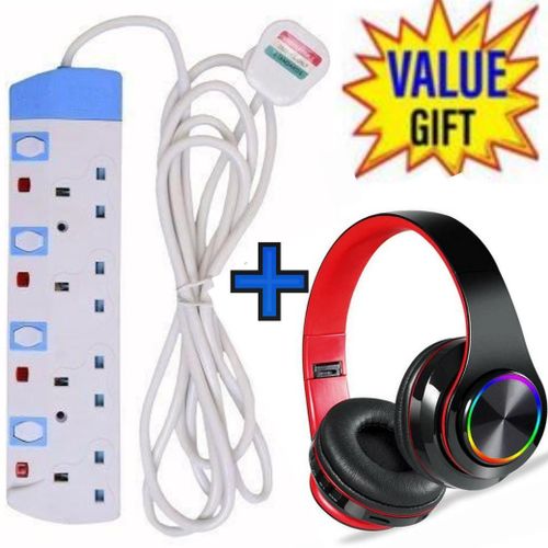 HOME BEST 4 WAY POWER EXTENSION WITH LONG CABLE+FREE BT WIRELESS HEADPHONES.