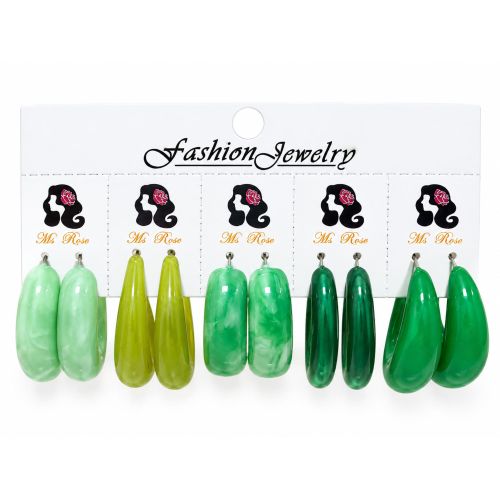 5 Pairs Green Resin Earring Set - Gradient & Marble Hoop Multipack Jewelry