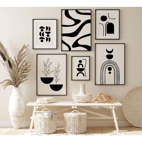 6 Piece Modern Abstract Boho Gallery Wall Art Set With Glass. Ready To Hang Wooden Frames. Black, White & Clear Wooden
