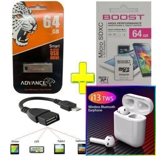 Advance SMART & SAFE 64GB FLASH DISK + 64GB MEMORY CARD + OTG + AIRPODS // ACCESSORIES FOR SMART PHONES REDMI 14C, GALAXY A15, GALAXY A16, GALAY AO5.