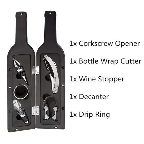 5pcs Bottle Shaped Wine Opener Gift Wine Bottle Corkscrew Set Package Includes:Corkscrew ,Bottle Stopper,Drip Ring ,Foil Cutter, Pourer