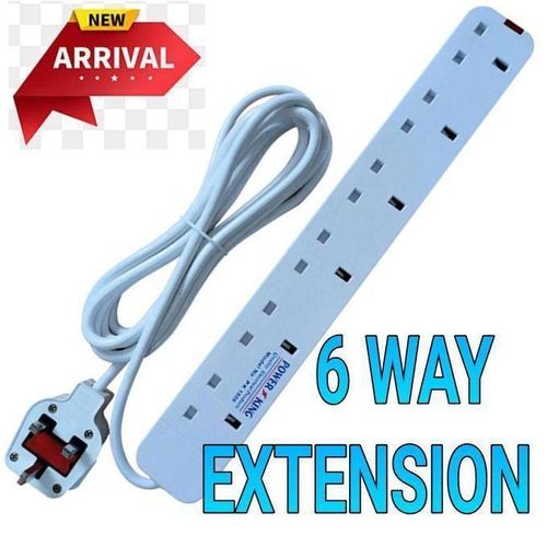 6-Way Extension Cable with 6 AC Outlets 13A Overload Protection 2M Heavy-Duty Heat-Resistant Cord for Home Office Use WHITE
