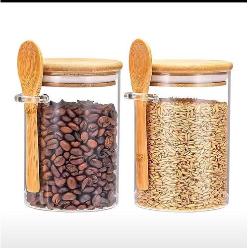 2 pieces Airtight Glass Jars With Bamboo Lids And Spoons Glass Canisters With Lid For Spice Beans Tea Sealed Sugar Container Glass Coffee Containers Food Jars Canisters Kitchen Accessories