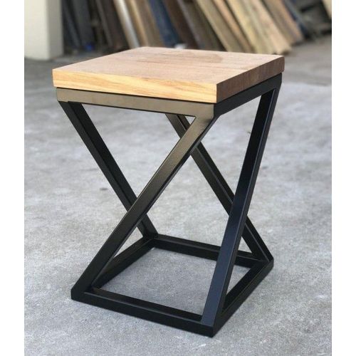 Modern Industrial Wooden Top Stool with Geometric Metal Frame – Side Table / Stool