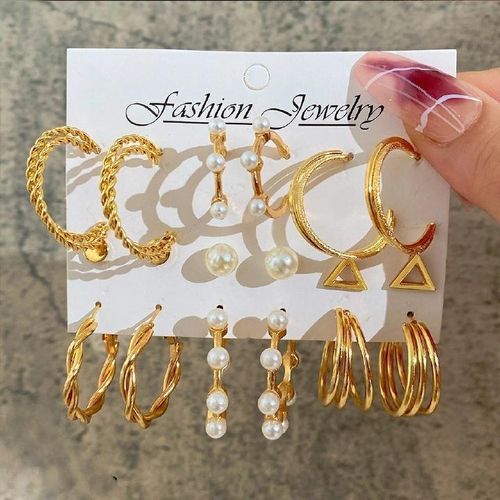 Elegant Jewelry 9 Pairs! Earrings Pearl C Shape Rhinestone Hoop Earrings Geometric Big Stud Earrings Set Girlfriend Gift Valentine Earrings Attractive Earrings
