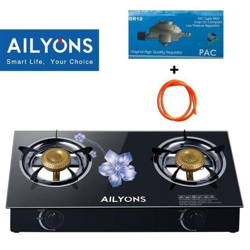 Table Top Double Burner Glass Gas Stove Cooker +1.5MPipe WITH CLIPS & Regulator