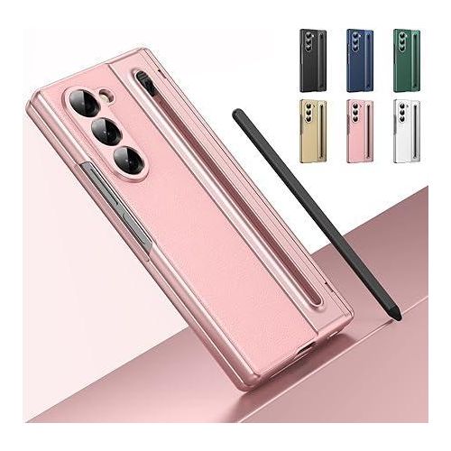 Luxury Foldino Leather Case for Galaxy Z Fold 5 with S Pen Slot Hinge Camera and Front Screen Safety - Pink Business Class Premium PU Cover