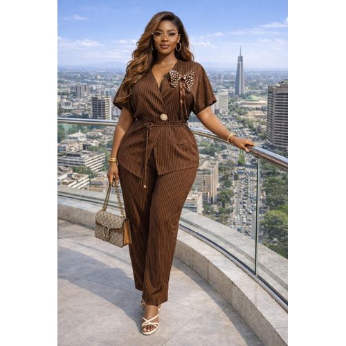 Ladies Elegant Two-Piece Brown Matching Set Top and Trouser