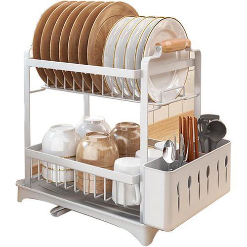 Double-layer kitchen countertop dish rack with cutlery holder