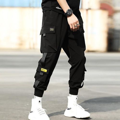 Mens Black Cargo Pants Multi Pockets Casual Joggers Streetwear Trousers