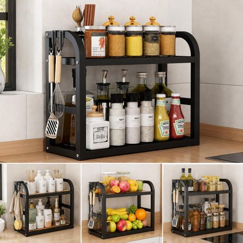 2 Layer Multifunctional Kitchen Rack – Stainless Steel & Bamboo Storage Organizer Shelf