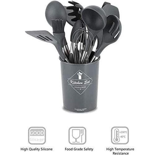 12 Pcs Silicone Kitchen Cooking Utensil Set Silicone Utensil Set for Cooking with Wooden Handle Heat Resistant Wooden Spoons Gadgets Tool for Non-Stick Cookware (Gray)