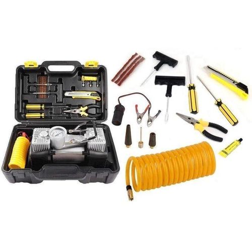 Multifunctional Portable double cylinder Air Compressor Pump, tire Pump with Tool Kit ,Tyre Pressure Gauge, Tire Inflator, Heavy Duty for Car, Truck, Bicycle and Inflatable Puncture Repair kit
