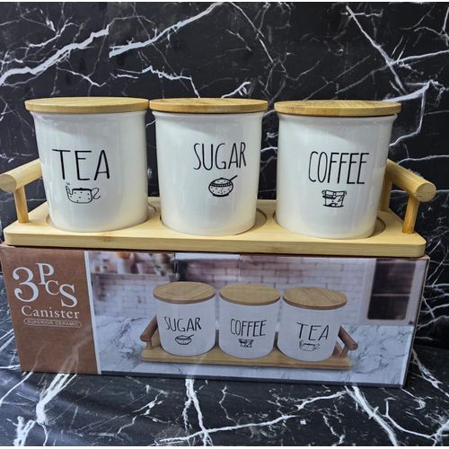4-Piece Heavy-Quality Whitish Ceramic Canister Set with Bamboo Lids